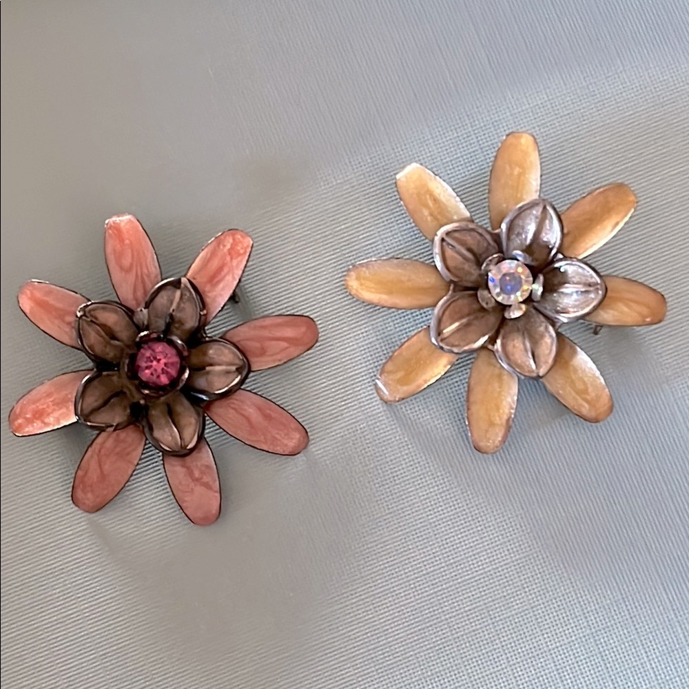 Vintage‎ Petite Floral Enamel Brooch Set with Rhinestone Accents Set of 2